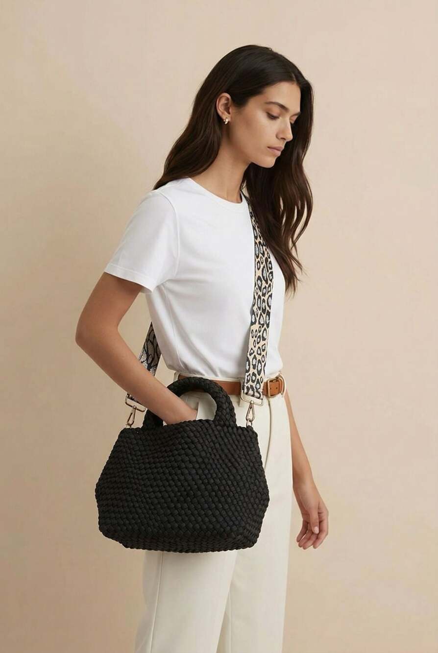 ah-dorned Black Woven Neoprene Tote with Leopard Print Guitar Strap